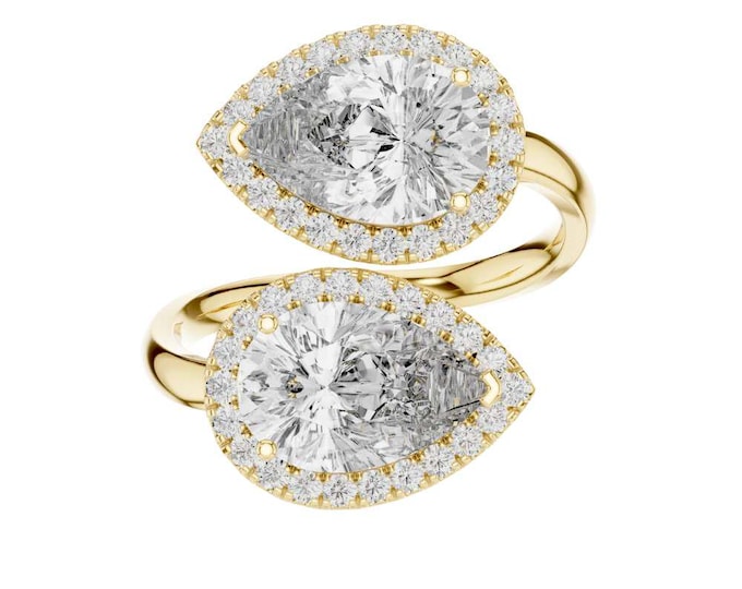 0.64 CT Elegant Toi et Moi Double Pear Cut Halo Diamond Ring in Yellow Gold Unique Two Stone Engagement Band with Pave Setting