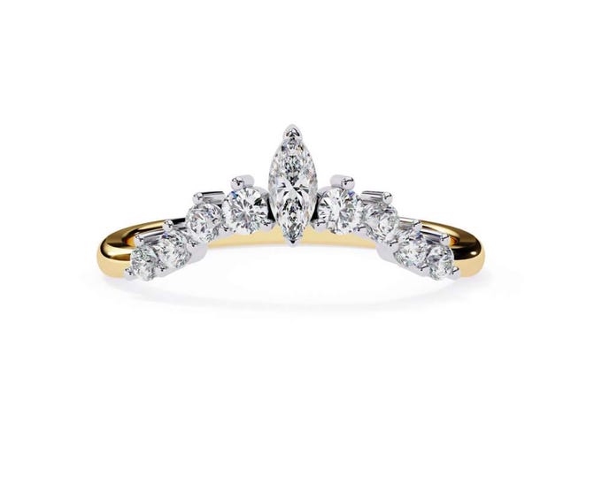 Marquise Cut Chevron Diamond Ring Curved V Shaped Wedding Band in Two Tone Yellow Gold Unique Diamond Ring Elegant Bridal Jewelry for Her