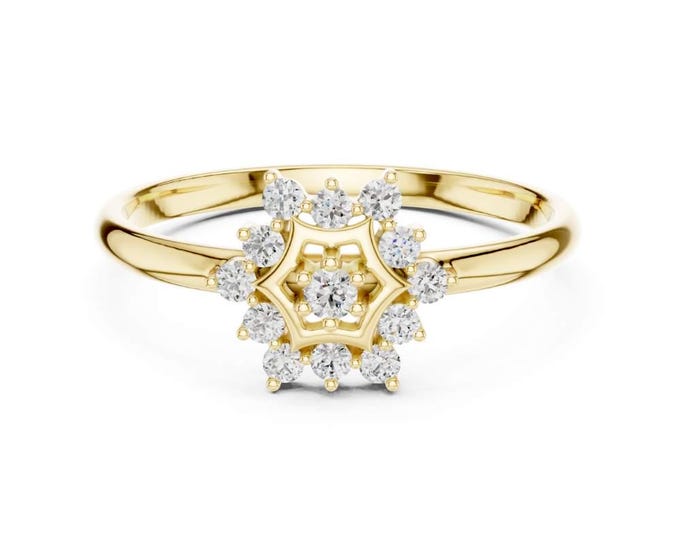 0.111 CT Gold Diamond Starburst Cluster Ring  Dainty Hexagon Shape Engagement Band  Vintage Inspired Celestial Promise Ring Gift for Her