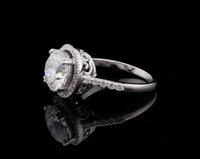 Round Cut Vintage Halo Moissanite Wedding Ring with Diamond Accent Band in White Gold Elegant Antique Inspired Bridal Jewelry Gift for Her