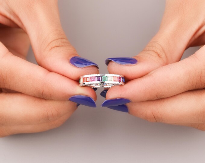 Precious 1.10 CT Princess Cut Rainbow Color Set Moissanite Engagement Ring Solid White Gold Pave Set Wedding Anniversary Ring For Her