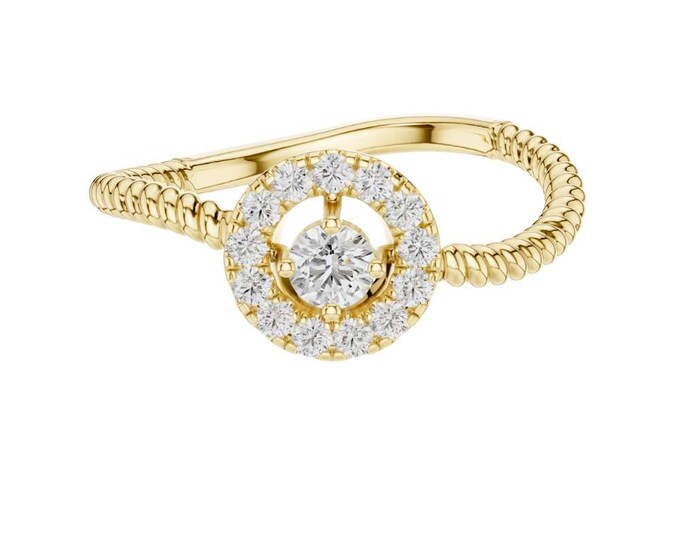 Dainty Round Halo Diamond Ring in 14K Yellow Gold Elegant Micro Pavé Setting with Twisted Rope Band Minimalist Promise Ring Proposal Jewelry