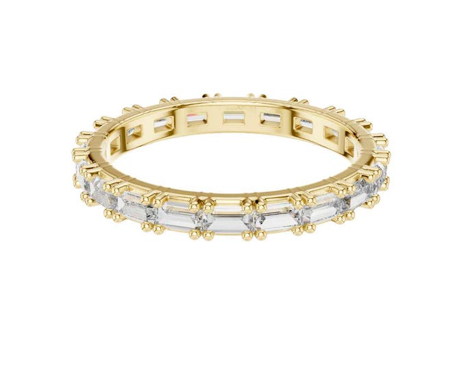 Gold Baguette Eternity Band Prong Set Moissanite Ring Dainty Stacking Ring Elegant Wedding Band Anniversary Jewelry Gift for Her