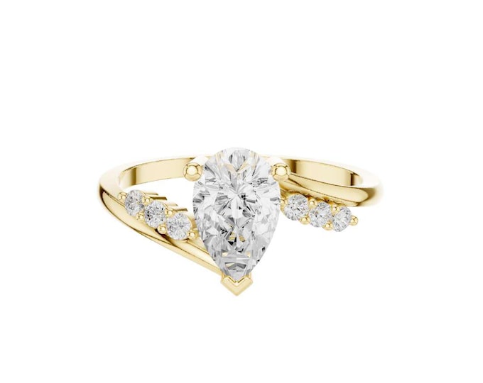 Dainty Pear Cut Moissanite Engagement Ring Gold Bypass Shank Ring Unique Promise Ring Custom Size Available for Her