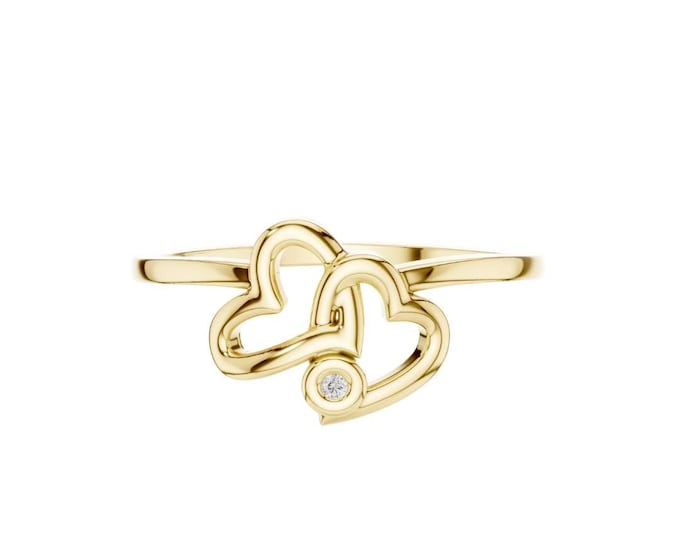 Double Heart Gold Ring Dainty Promise Ring for Her Adjustable Gold Band Romantic Heart Jewelry Minimalist Moissanite Ring for Girlfriend