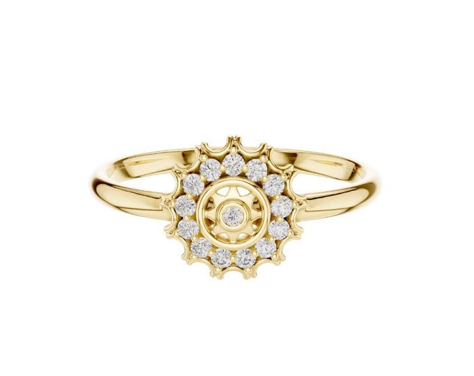 Elegant 14K Gold-Plated Sunburst Halo Ring for Women Dainty Round Centerpiece with Sparkling Cubic Zirconia Accents Unique Vintage Jewelry
