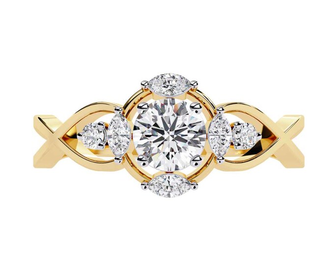 Yellow Gold Vintage Wedding Ring with Round Center Diamond and Marquise Side Stones Classic Art Deco Bridal Jewelry Handmade Elegant Ring