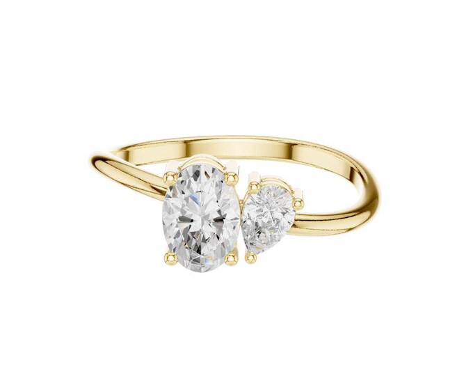 Sparkling Oval and Pear Cut Diamond Ring 14K Gold Toi et Moi Bridal set Ring Two Stone Bypass Ring Dainty Modern Promise Ring for Her