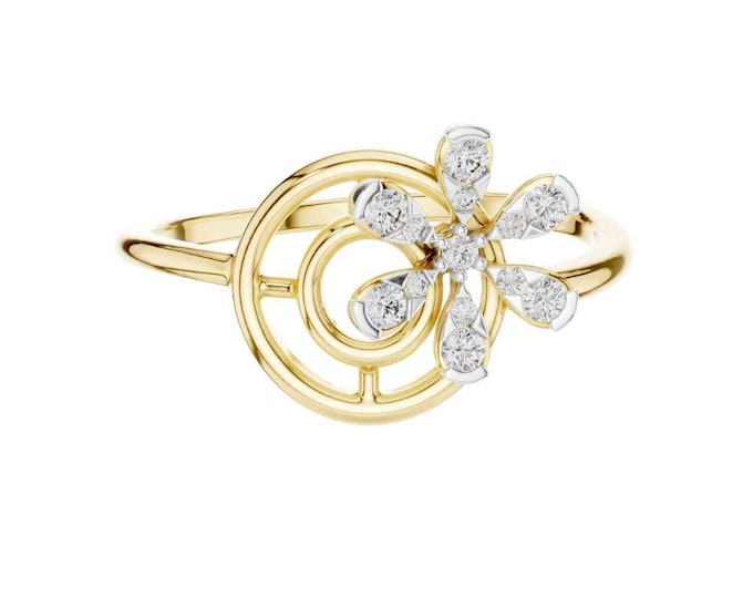 Elegant 14K Yellow Gold Spiral Ring with Diamond-Studded Petal Flower Design Modern Artistic Floral Jewelry for Women Unique Statement Ring