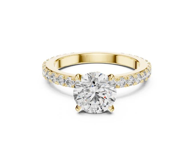Classic Round Cut Solitaire Engagement Ring with Diamond Accent Band in Yellow Gold Classic Moissanite Bridal Jewelry Anniversary Gift