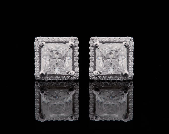 2.15 CT Princess Cut Button Prong Moissanite 14k Solid White Gold Halo Set Diamond Earring Studs Earrings Wedding Anniversary Gift For Her