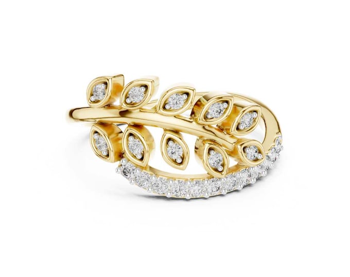 Gold Leaf Moissanite Ring in Nature Inspired 0.27 CT Round Cut Elegant Jewelry for Anniversary or Special Occasion Gift