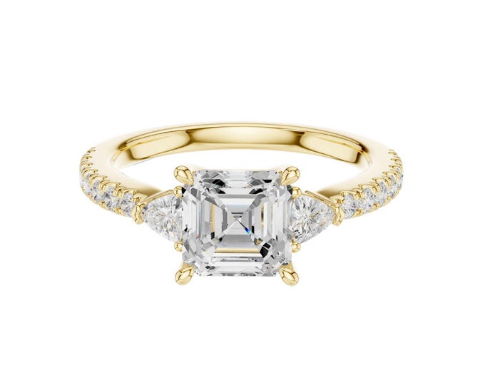 1.96 TCW Asscher Cut Moissanite Engagement Ring in 18K Yellow Gold Three Stone Ring with Side Accents Vintage Inspired Bridal Ring for Her