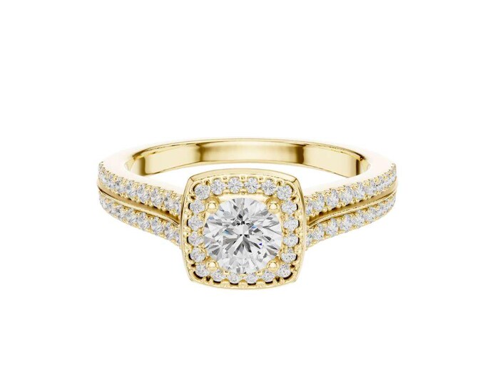 Halo Moissanite Ring 0.55 TCW Round Cut Yellow Gold Vermeil Sterling Silver Elegant Engagement Ring Beautiful Bridal Jewelry