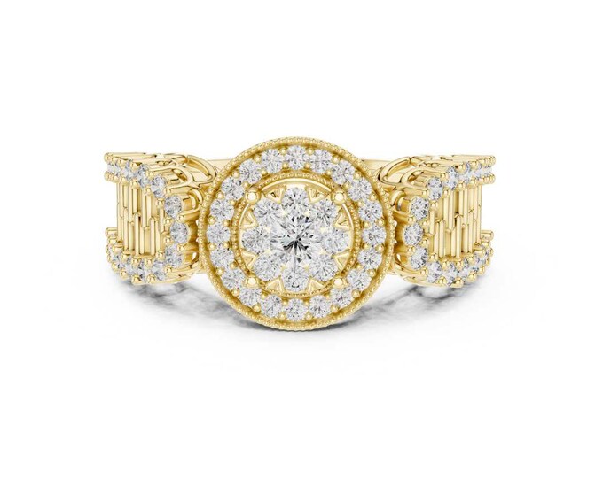 Moissanite Halo Engagement Ring in Sterling Silver with Double Pave Band  Sparkling Round Cut Center Stone Elegant Bridal