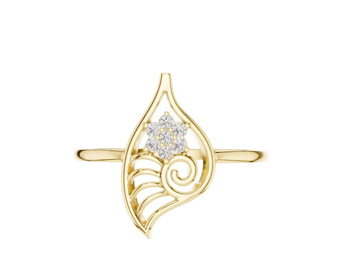 Gold Leaf Inspired Ring with Diamond Center Elegant Nature Inspired Jewelry Minimalist Openwork Design Unique Handmade Gift for Her