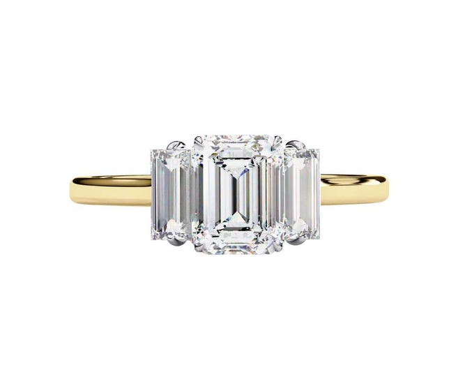 Trilogy Diamond Accented Three Stone Emerald Cut Moissanite Engagement Ring in Yellow Gold Classic Solitaire Bridal Jewelry Gift