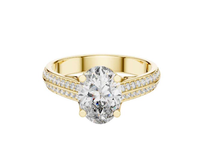 1.86 TCW Gold Oval Classic Double Band Gold Engagement Ring Round Solitaire Diamond Bridal Ring Statement Jewelry
