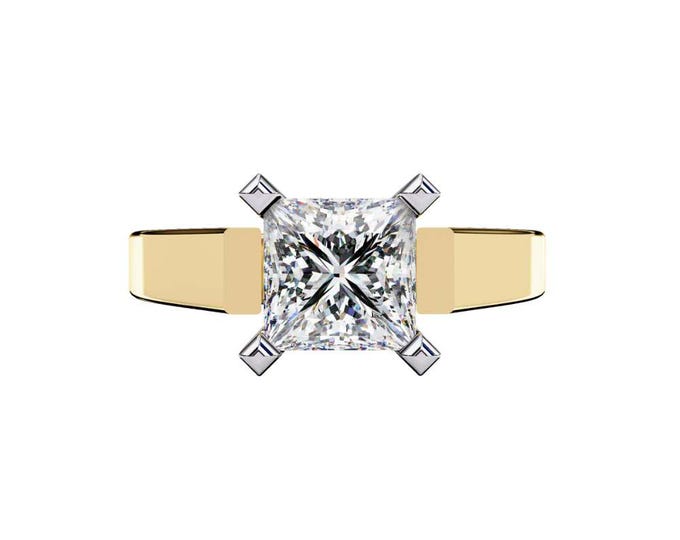Bold Princess Cut Moissanite Ring in Yellow Gold Wide Band Classic Square Solitaire Engagement Ring Distinctive Modern Bridal Jewelry