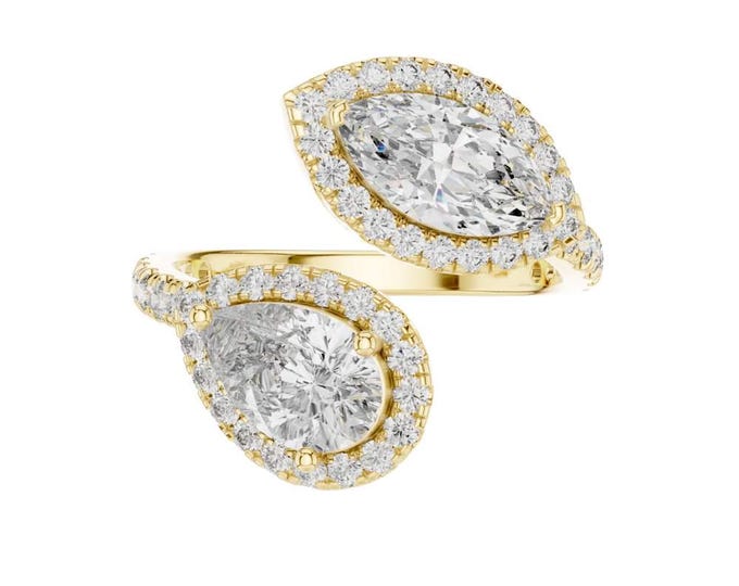 2.63 CT Double Pear Shape Diamond Toi et Moi Ring in Yellow Gold Unique Two-Stone Halo Engagement Ring Modern Anniversary Statement Jewelry