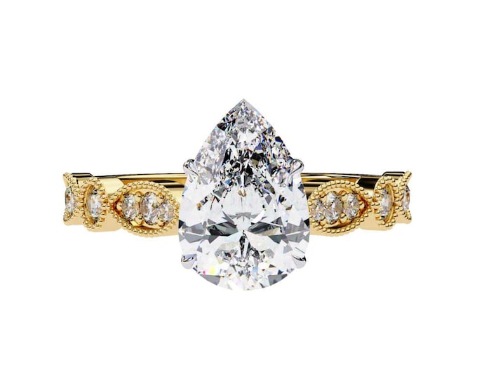 Pear Cut Moissanite Engagement Ring 14K Yellow Gold Vintage-Inspired Band Antique Style Solitaire Ring – Handmade Unique Ring for Her
