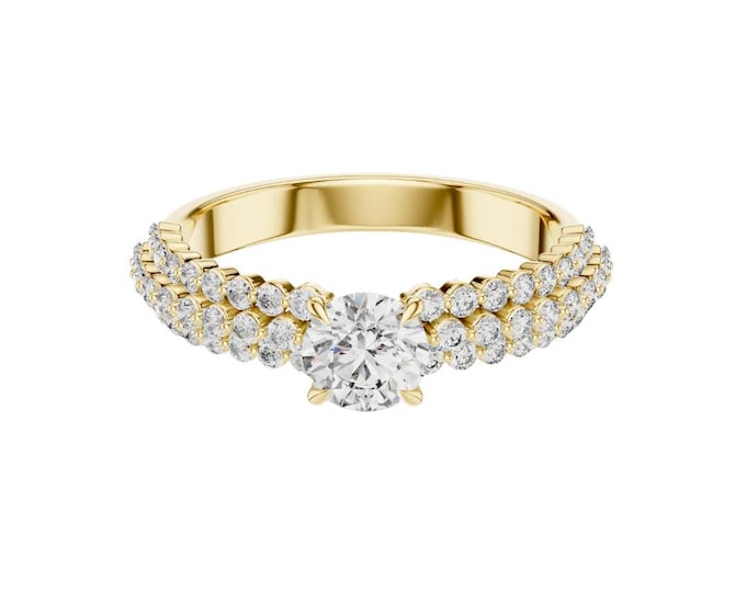 Classic Solitaire Ring with Side Stones Round Cut Moissanite Diamond Engagement Ring Double Row Gold Band Bridal Ring Gift for Her
