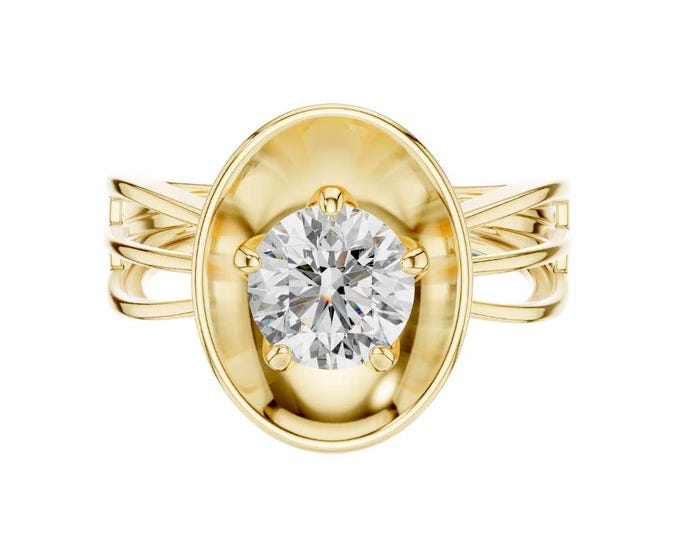 Marvelous Bezel Diamond Ring Round Cut Solitaire Wedding Ring Unique Yellow Gold Statement Ring Modern Art Deco Bridal Jewelry for Women