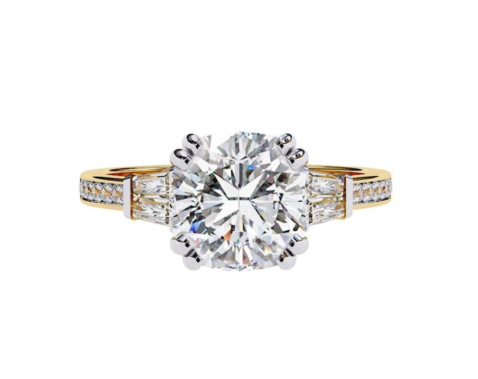 Inspired Solitaire Bridal Jewelry Gift Round Cut Moissanite Engagement Ring in Yellow Gold with Side Accents Elegant Diamond Band Vintage