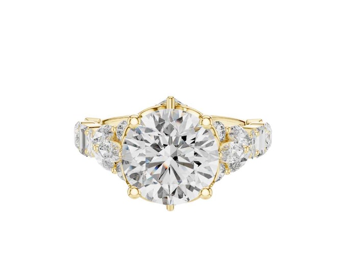 Vintage Inspired Moissanite Engagement Ring Yellow Gold Round Cut Halo Ring Art Deco Wedding Ring Unique Bridal Jewelry Gift