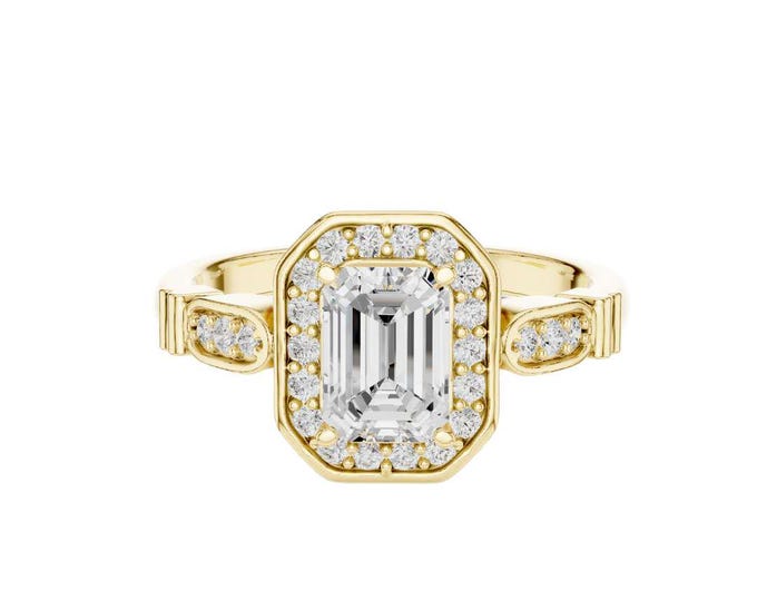 Emerald Cut Halo Diamond Engagement Ring in Yellow Gold Vintage Art Deco Inspired Setting Unique Bridal & Anniversary Jewelry