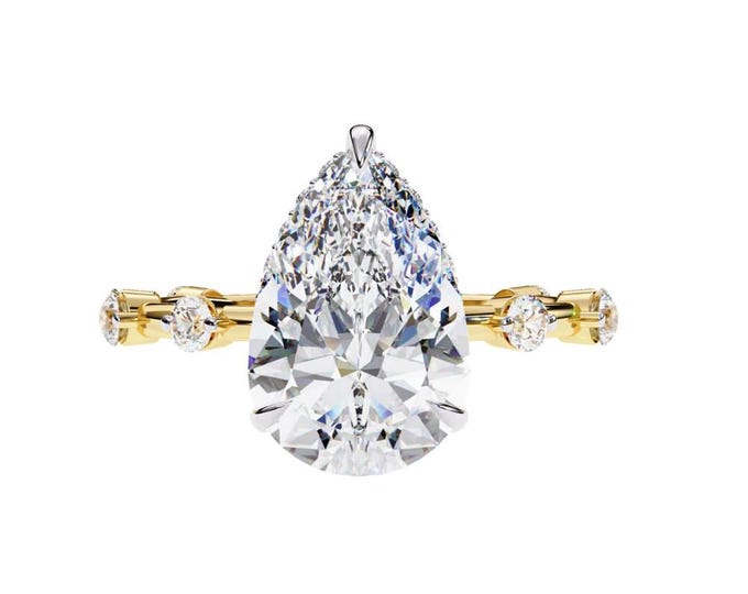 Unique Solitaire Ring with Diamond Accent Band Pear Cut Moissanite Engagement Ring in Yellow Gold  Elegant Bridal Jewelry Gift Wedding Ring