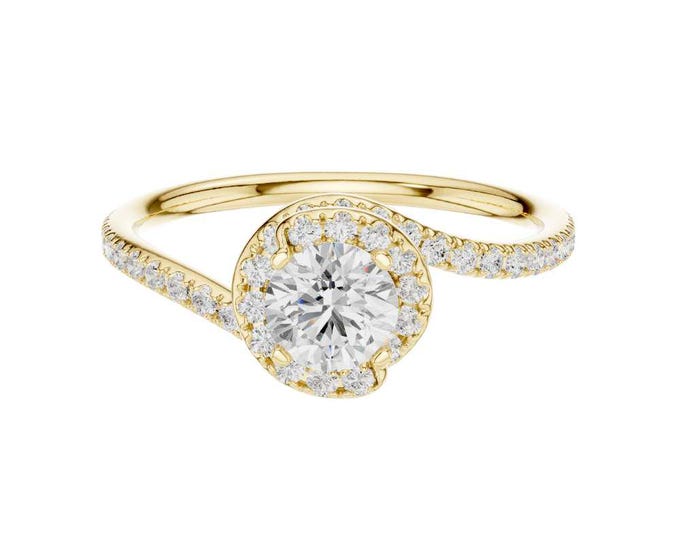 Elegant 14K Gold Ring with Round Cut Center Diamond and Halo Setting Sparkling Diamond Accent Band Modern and Unique Wedding Ring