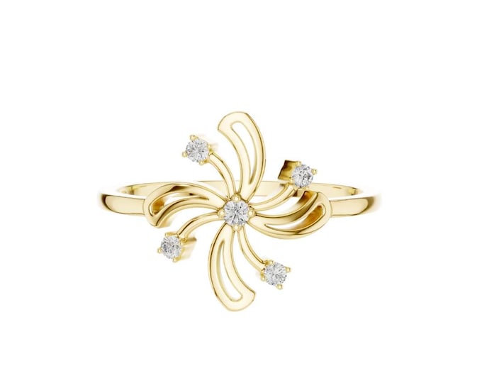 Custom Delicate Gold Swirl Openwork Ring with Sparkling Moissanite Stones Elegant Minimalist Handmade Fine Jewelry Gift for Her