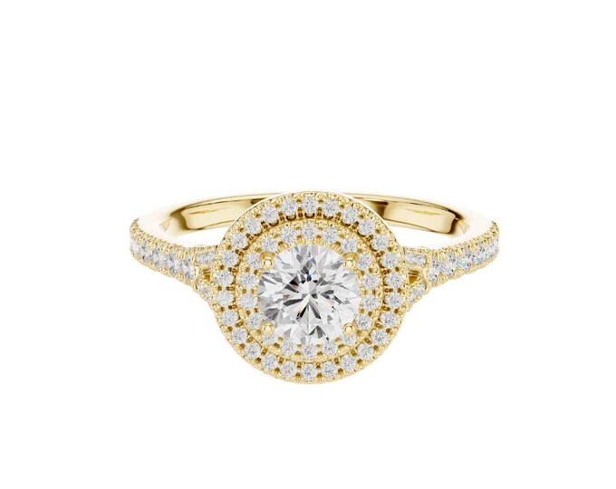 Double Halo Round Cut Diamond Engagement Ring in Yellow Gold Luxury Cushion Style Pave Setting, Anniversary Wedding Jewelry Gift for Her