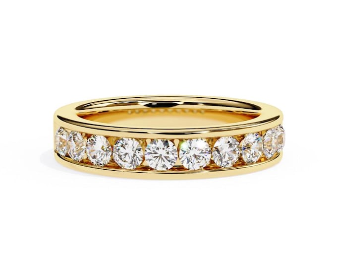 1.01 TCW Bold Yellow Gold Eternity Band Channel Set Round Stone Wedding Ring Luxury Statement Anniversary Ring Modern Bridal Gift for Her