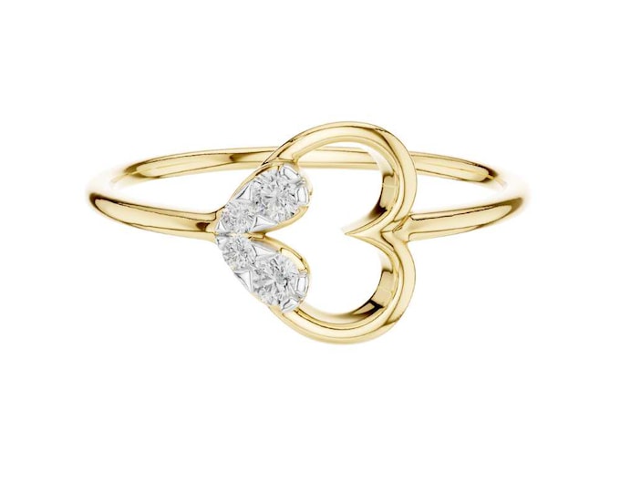 Delicate Yellow Gold Heart-Shaped Ring with Half-Pave Diamond Accent, Romantic and Minimalist Fine Jewelry for Everyday Elegance