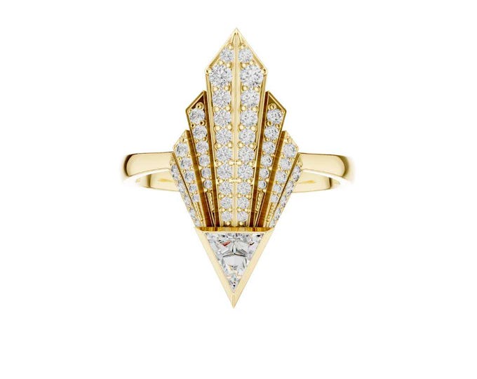 Trilliant Cut Moissanite Statement Ring 14K Gold Geometric Ring Vintage Inspired Cocktail Ring Unique Engagement or Fashion Ring for Her