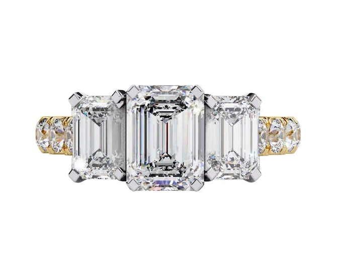 Luxury Emerald Cut Three Stone Moissanite Ring 3 TCW Trilogy Ring with Dainty Round Diamond Band Custom Fine Bridal Jewelry Gift for Her