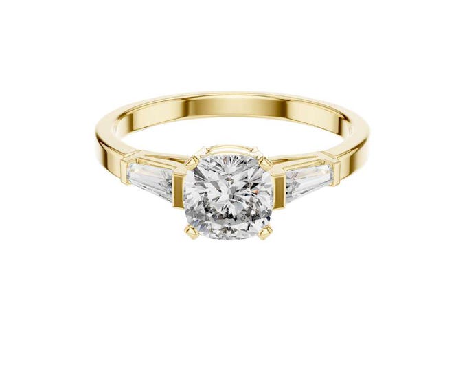 Round Cut Moissanite Engagement Ring with Trillion Baguette Side Stones in 14K Yellow Gold Classic Solitaire Wedding Ring for Women