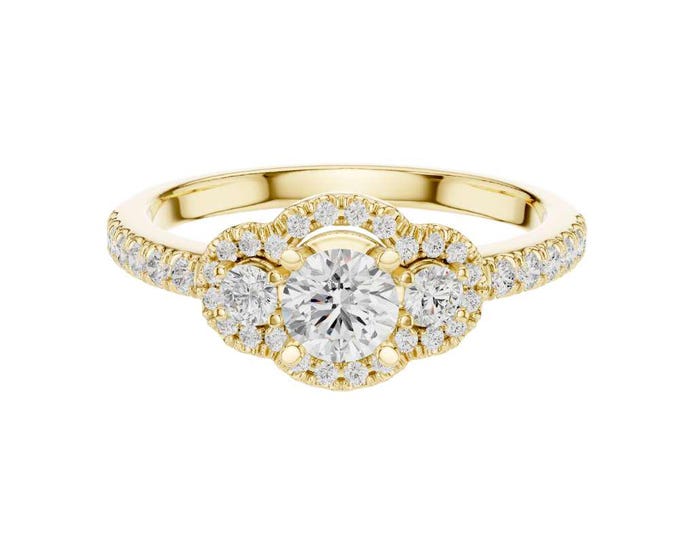 Three Stone Round Cut Moissanite Wedding Ring with Halo Diamond Pave Band Gold, Silver, Rose Gold Elegant Bridal Jewelry Anniversary Gift