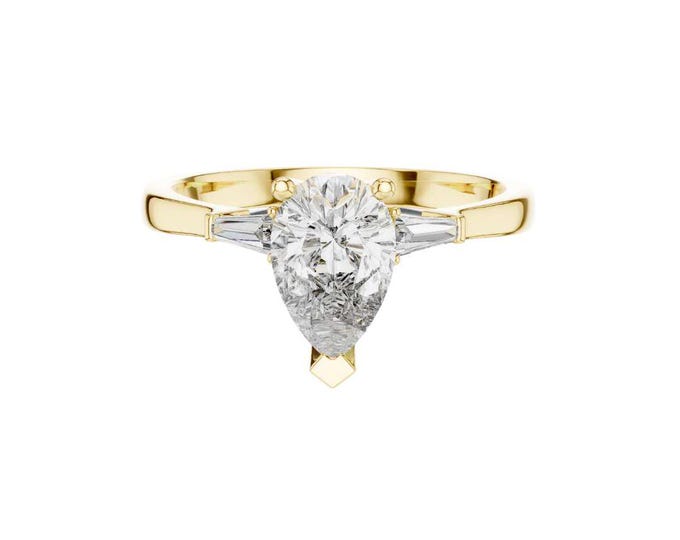 Pear Cut Moissanite Engagement Ring 14K Yellow Gold Three Stone Ring with Baguette Side Stones Vintage Inspired Bridal Ceremony Jewelry
