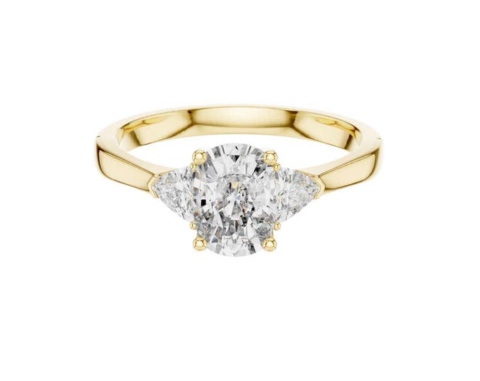 Elegant Oval Three Stone Engagement Ring 14K Yellow Gold Solitaire with Side Stones Timeless Oval Cut with Trillion Accents  Ring for Her