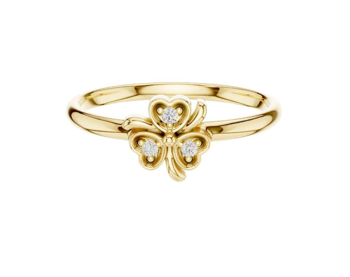 14k Gold Shamrock Ring Dainty Clover Diamond Ring Lucky Gold Ring for Her Minimalist Floral Ring Irish Good Luck Jewelry Gift for Girlfriend