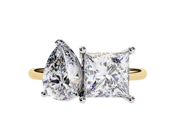 4.30 TCW Pear and Princess Cut Diamond Ring Two Stone Ring with Gold, Silver, Rose Gold Band Unique Modern Jewelry Luxury Anniversary Ring