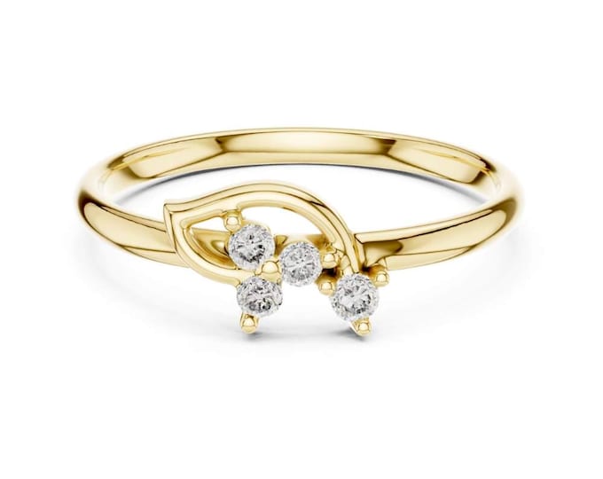 0.06 CT Leaf Inspired Diamond Ring Gold Dainty Nature Inspired Leaf Band with Cluster Prong Set Diamonds Elegant Promise Ring Anniversary