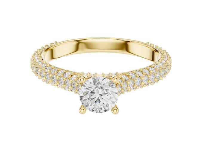 Round Cut Diamond Engagement Ring Classic Solitaire with Double Pave Band in Gold Silver Rose Gold Proposal Ring Dainty Bridal Jewelry Gift