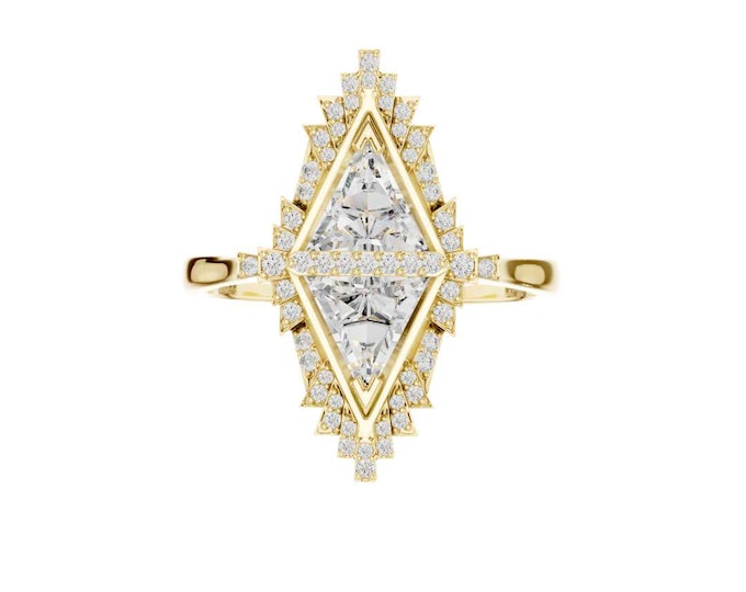 Art Deco Trillion Moissanite Diamond Ring Vintage Inspired Engagement Ring Geometric Ring 14K Gold Statement Ring Unique Bridal Jewelry