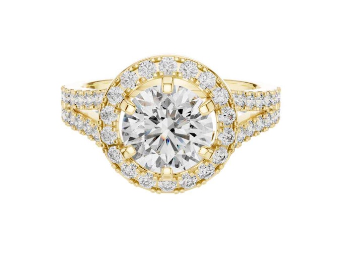 Trendy Round Cut Moissanite Ring with Halo 14K Gold Split Shank Ring Dazzling Bridal Ring Luxurious Gold Engagement Ring Anniversary Gift