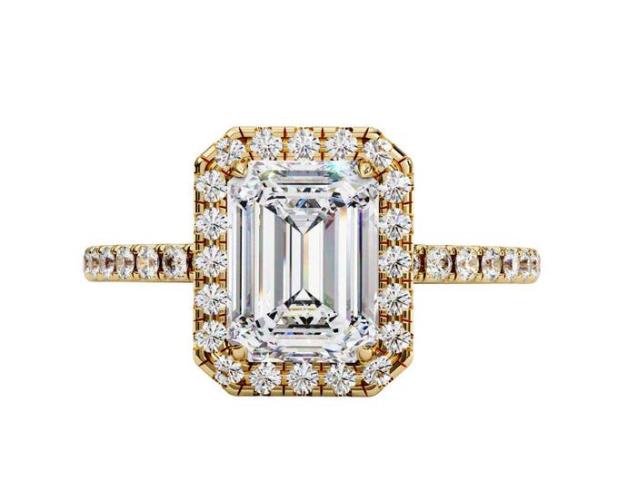 Emerald Cut Moissanite Halo Ring in Yellow Gold with Pave Band Elegant Vintage Inspired Bridal Jewelry Unique Wedding Ring Gift for Women
