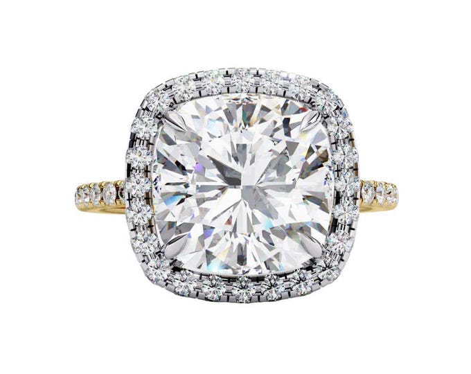Elegant Cushion Cut Moissanite Halo Ring 2.99 TCW Solitaire Engagement Ring with Dainty Diamond Accent Band Custom Bridal Jewelry Gift
